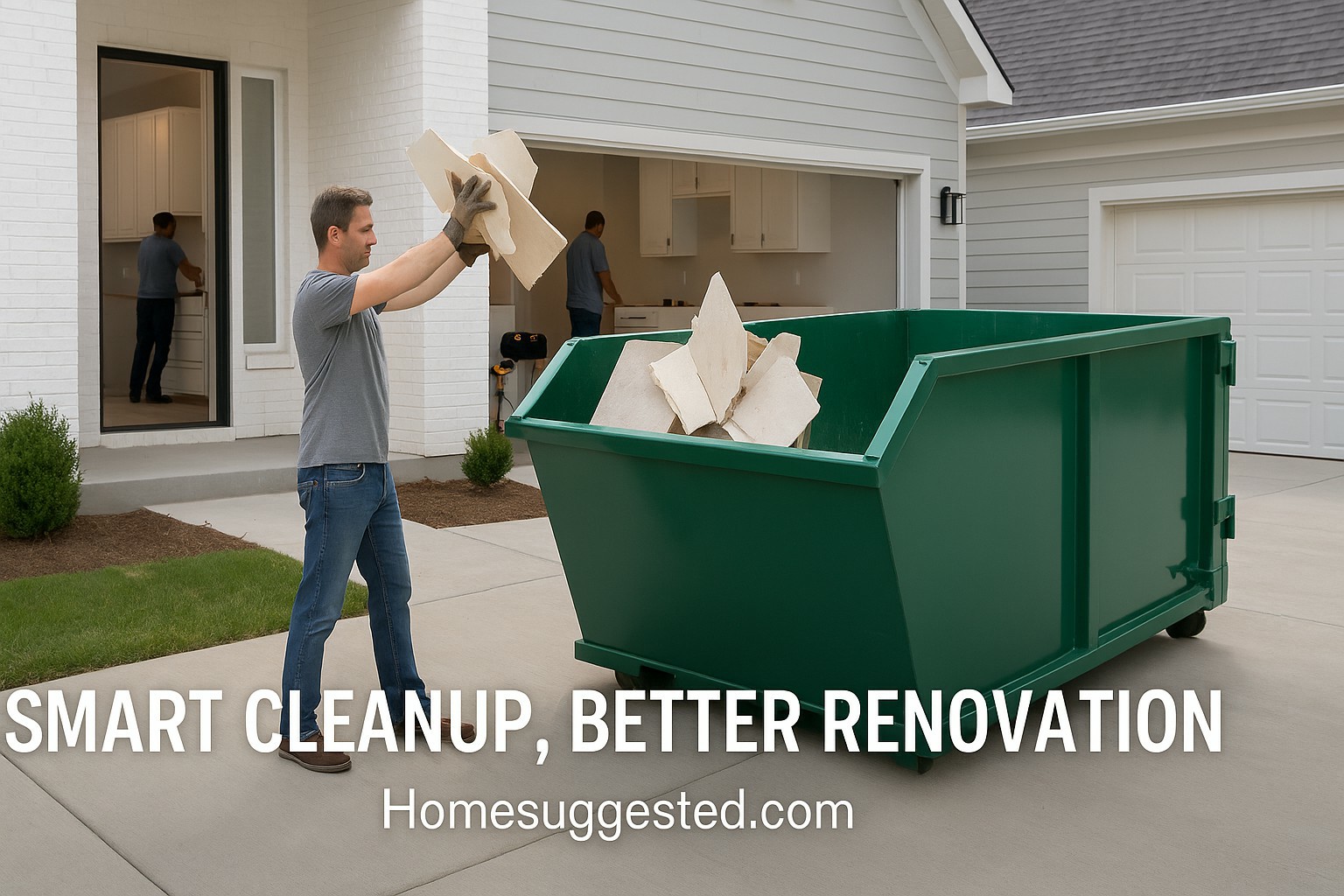 A homeowner tosses broken tiles into a green dumpster in a clean driveway during a home renovation project, with workers installing cabinets in the background.