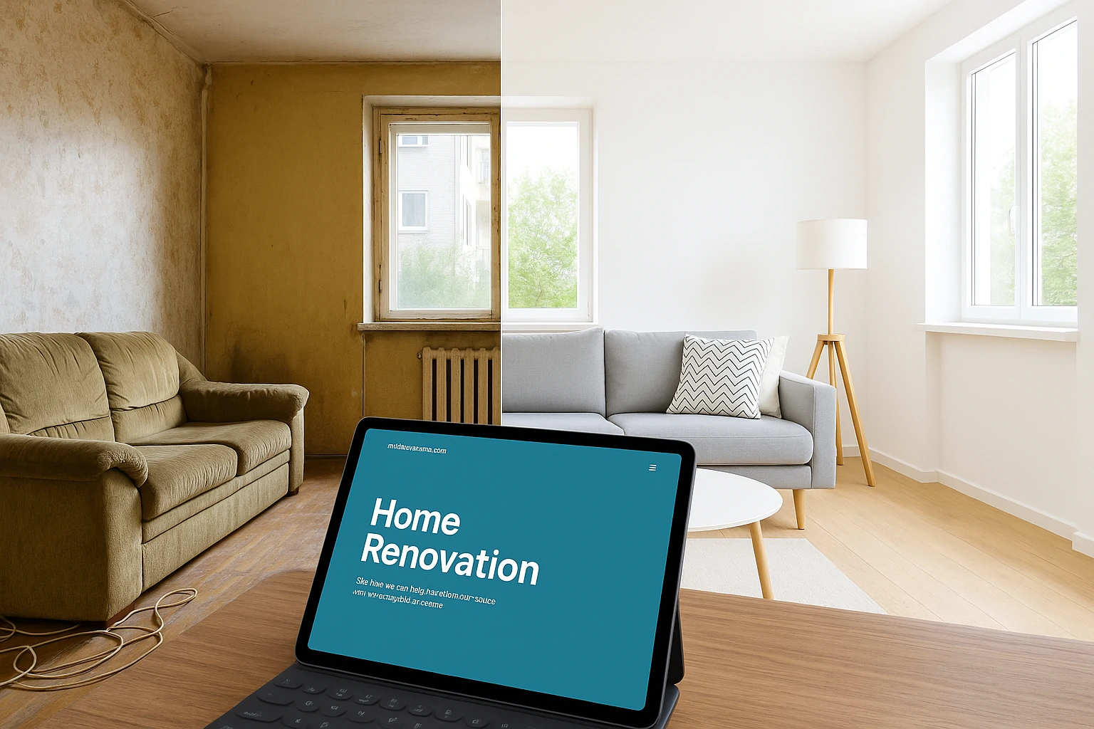 Before and after living room renovation with tablet displaying milestonearea.com.