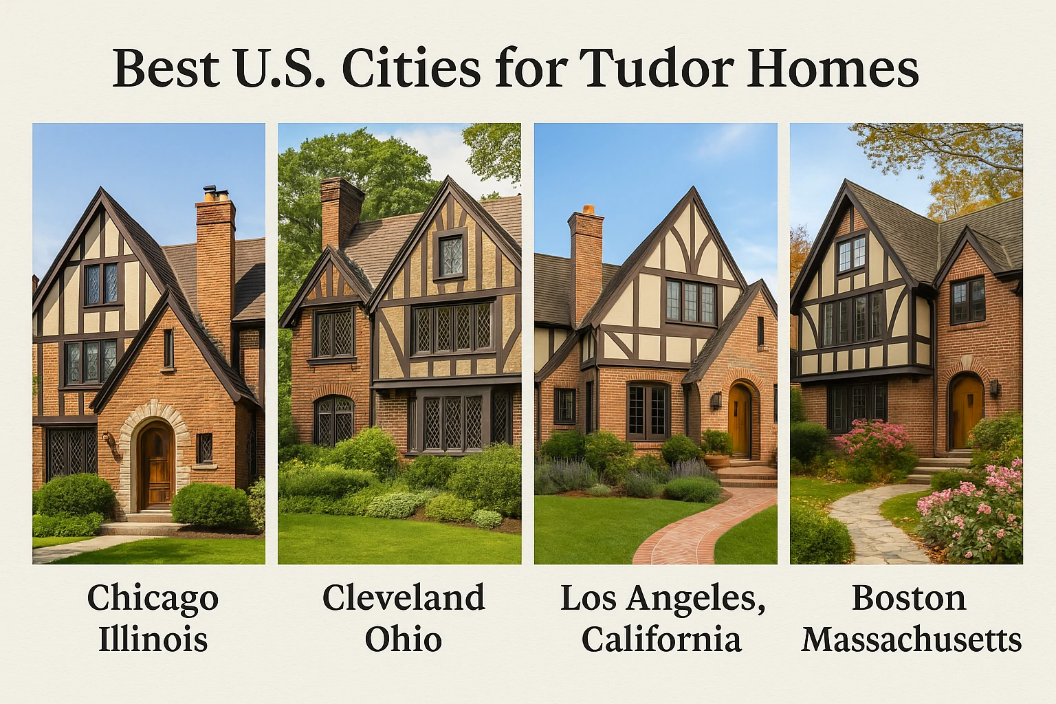 Horizontal photo collage of Tudor homes in Chicago, Cleveland, Los Angeles, and Boston