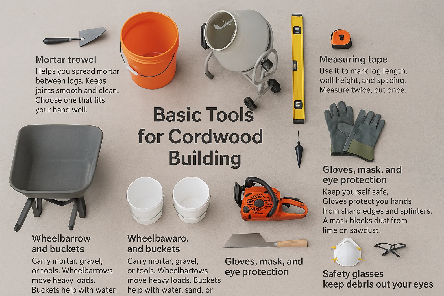Flat lay of cordwood construction tools including trowel, mixer, tape measure, gloves, saw, buckets, and safety gear