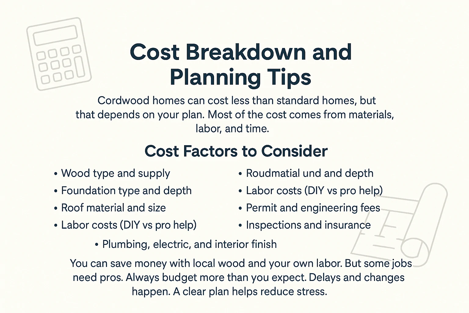 Infographic showing cost breakdown tips and key budget factors for cordwood home construction