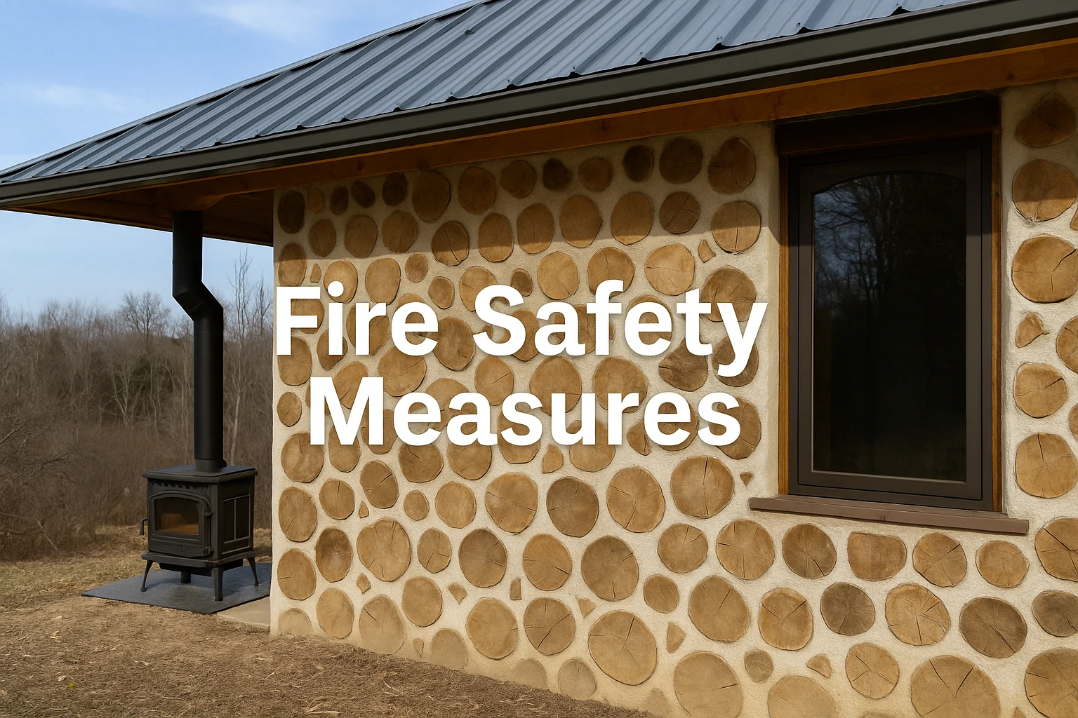 Cordwood home with metal roof, fire-safe stove, and clear fire safety zone