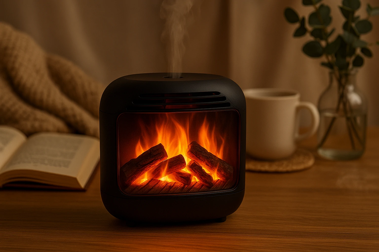 A sleek electric fireplace diffuser glowing on a tabletop in a cozy, softly lit modern living space