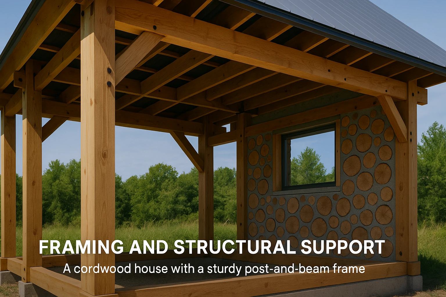 Post-and-beam structure supporting a cordwood wall with window and metal roo
