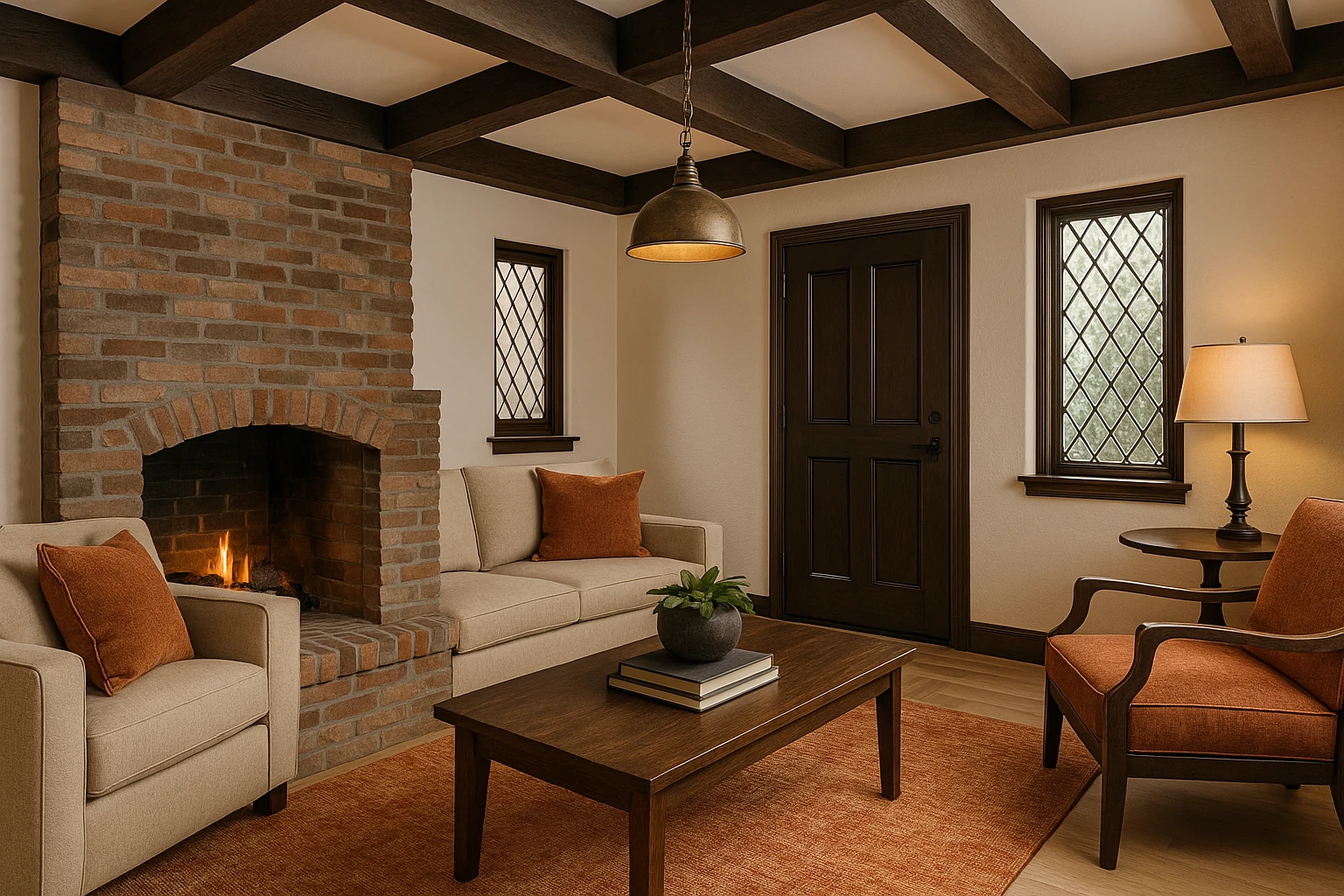 Tudor-style living room with exposed wood beams, brick fireplace, and leaded glass windows