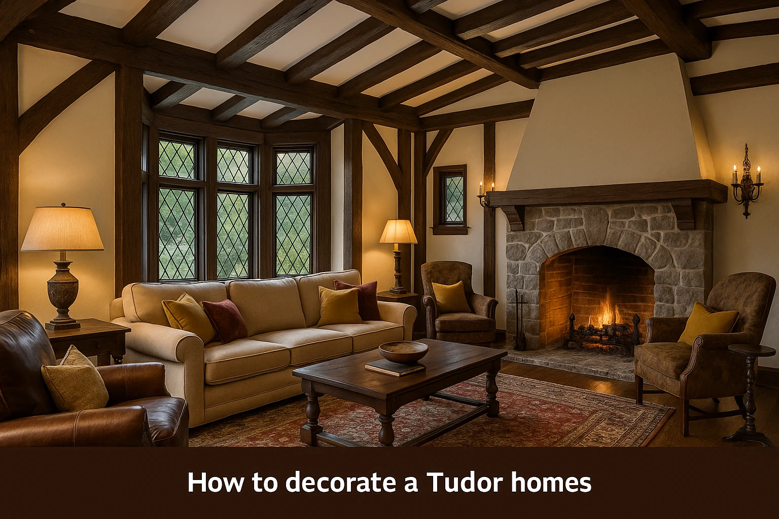 Tudor-style living room with exposed wooden beams, stone fireplace, vintage furniture, and natural light.