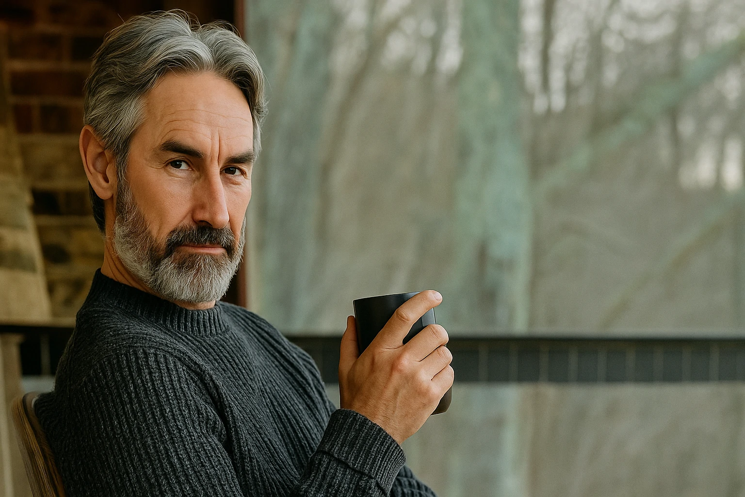 Mike Wolfe sitting indoors with a coffee mug, wearing a gray sweater, gazing calmly with a forest view behind him.