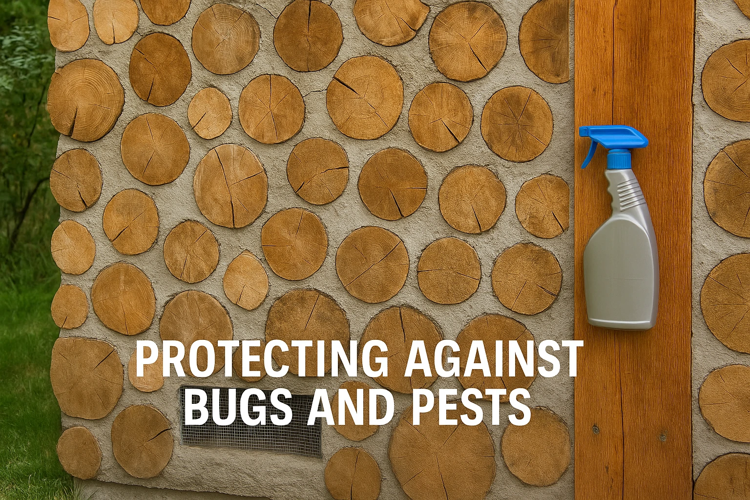 Cordwood wall with borate spray bottle and wire mesh vent for pest protection