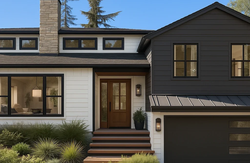 A realistic horizontal photograph showing different types of split level homes, including standard, side, back, and stacked designs in a quiet suburban neighborhood.