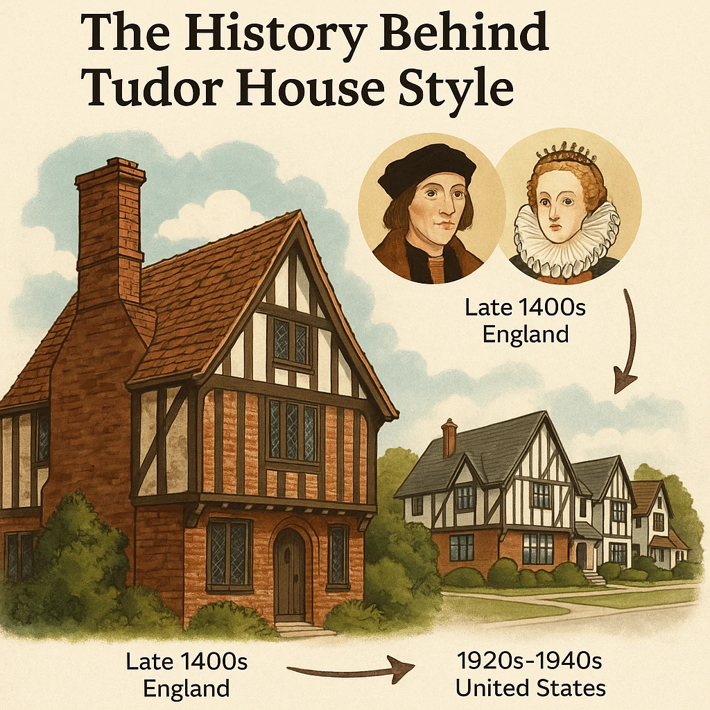 A realistic Tudor-style house with timber framing, steep gabled roof, and brick chimney under a clear sky.