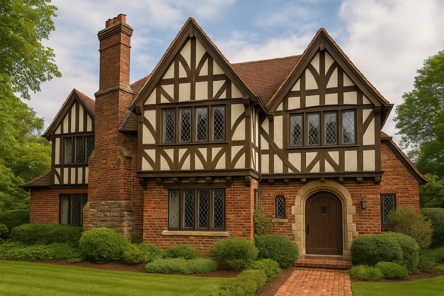 Realistic horizontal photo of a Tudor-style home with pitched roof, half-timbered walls, tall windows, and a large brick chimney.