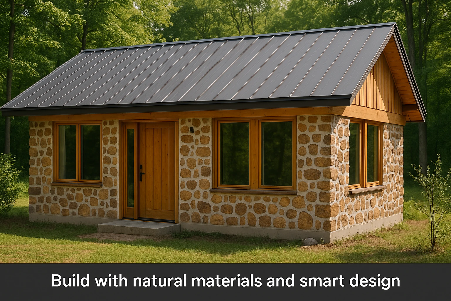 Modern cordwood home with log and mortar walls, metal roof, and large wooden windows surrounded by trees