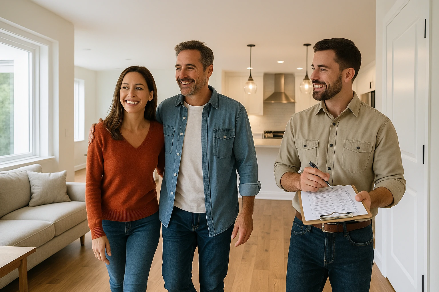 Homeowners walking through a newly remodeled bright kitchen and living area with their contractor holding a checklist.
