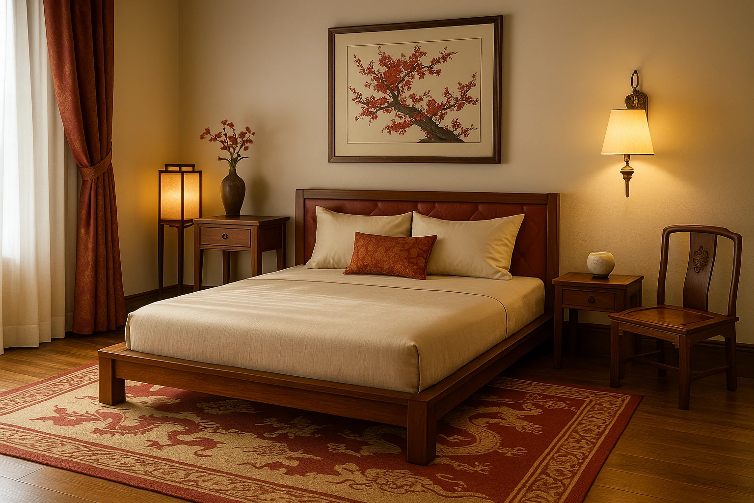 A Tang-style bedroom featuring soft lighting, a low wooden bed, silk cushions, lanterns, and a dragon-print rug on a wood floor.