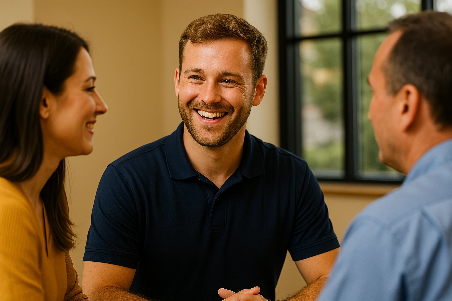 Three colleagues smiling and collaborating on a design project featuring eco-friendly materials and digital plans.