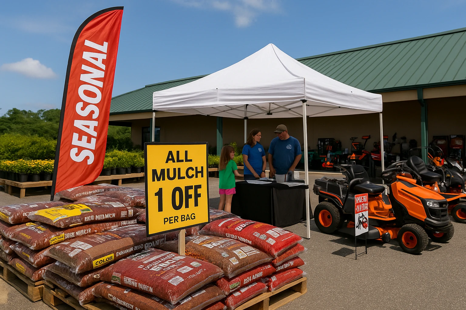 Outdoor sales event at Hickory Home & Garden Center with families, sale signs, and garden products.