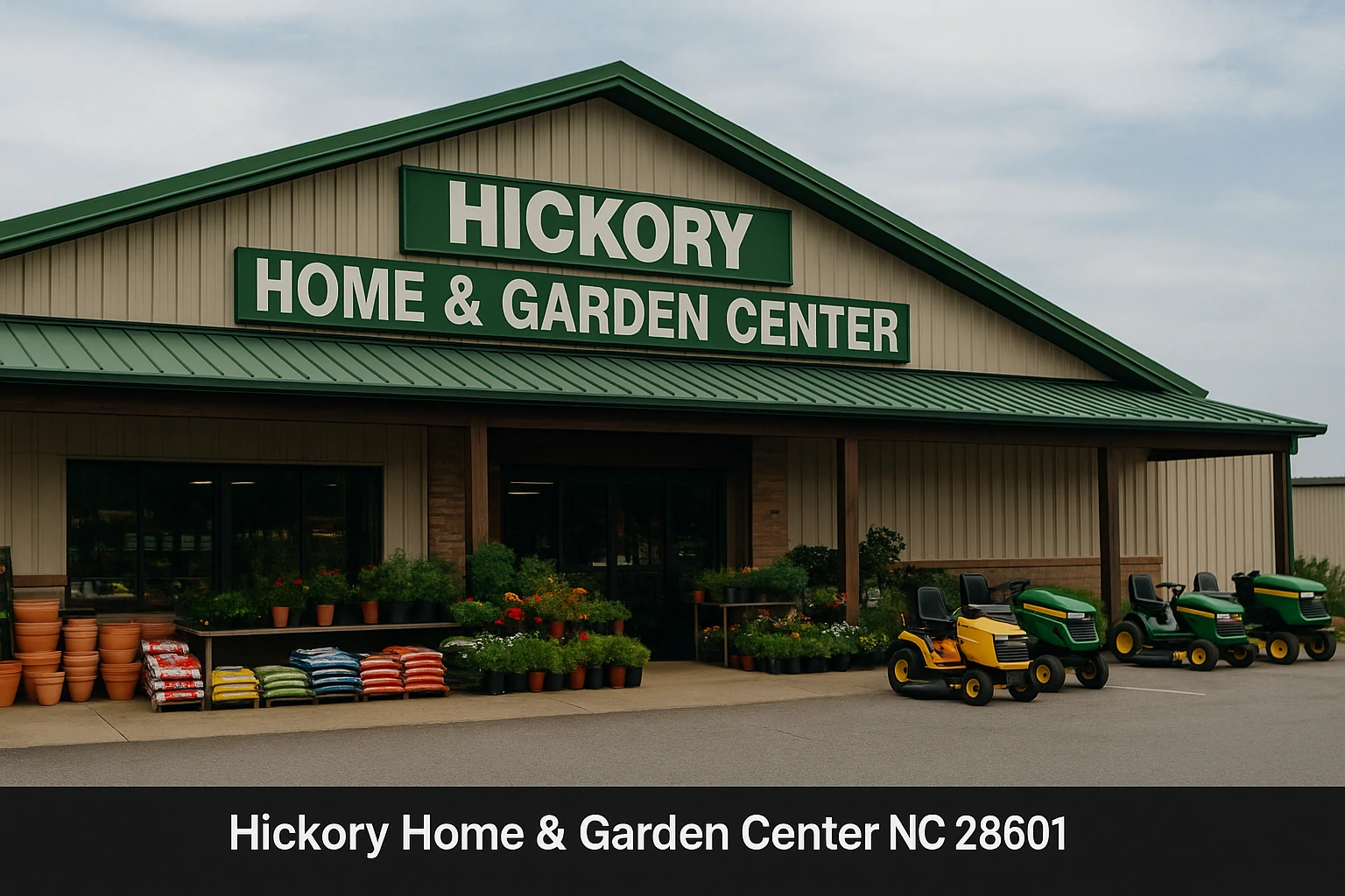 Front view of Hickory Home & Garden Center in Hickory, NC, with lawn mowers, flower pots, and garden supplies displayed outside.