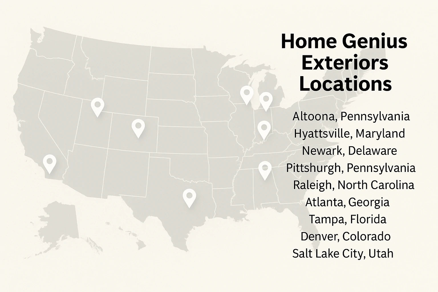 Map showing Home Genius Exteriors locations in 10 U.S. cities including Atlanta, Tampa, and Denver.