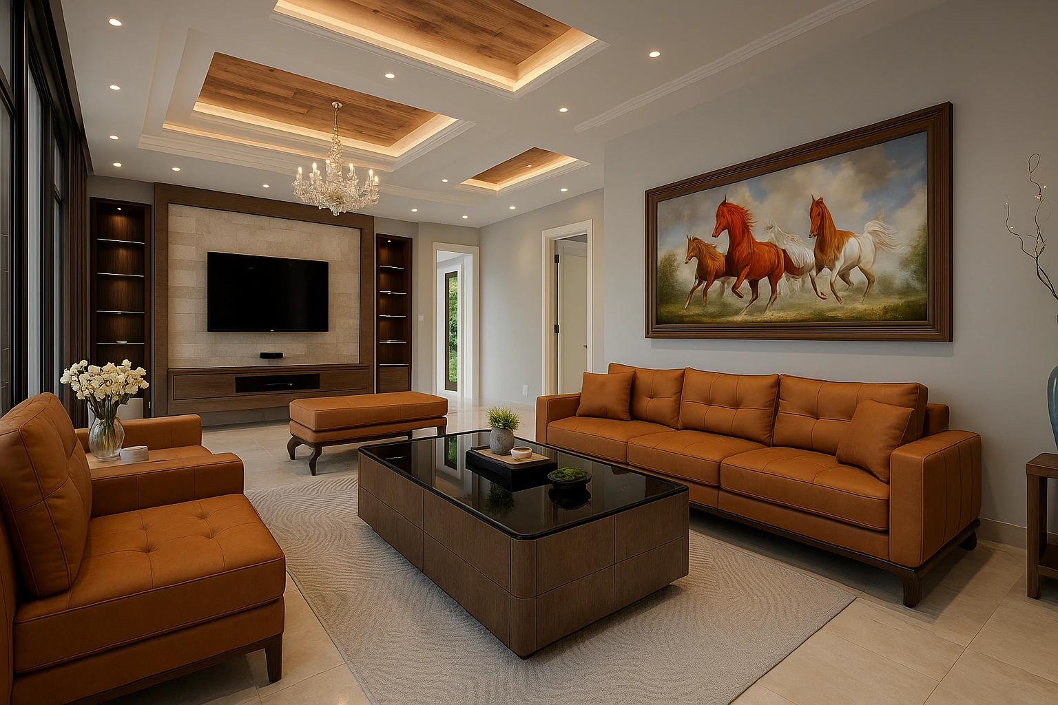 Modern living room in Frisco with caramel sofas, chandelier, and horse painting on the wall.