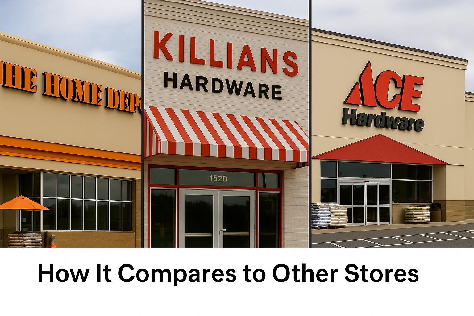 Exterior comparison of The Home Depot, Killians Hardware, and Ace Hardware store fronts in Hickory, NC, showing signage and entry areas under clear skies.