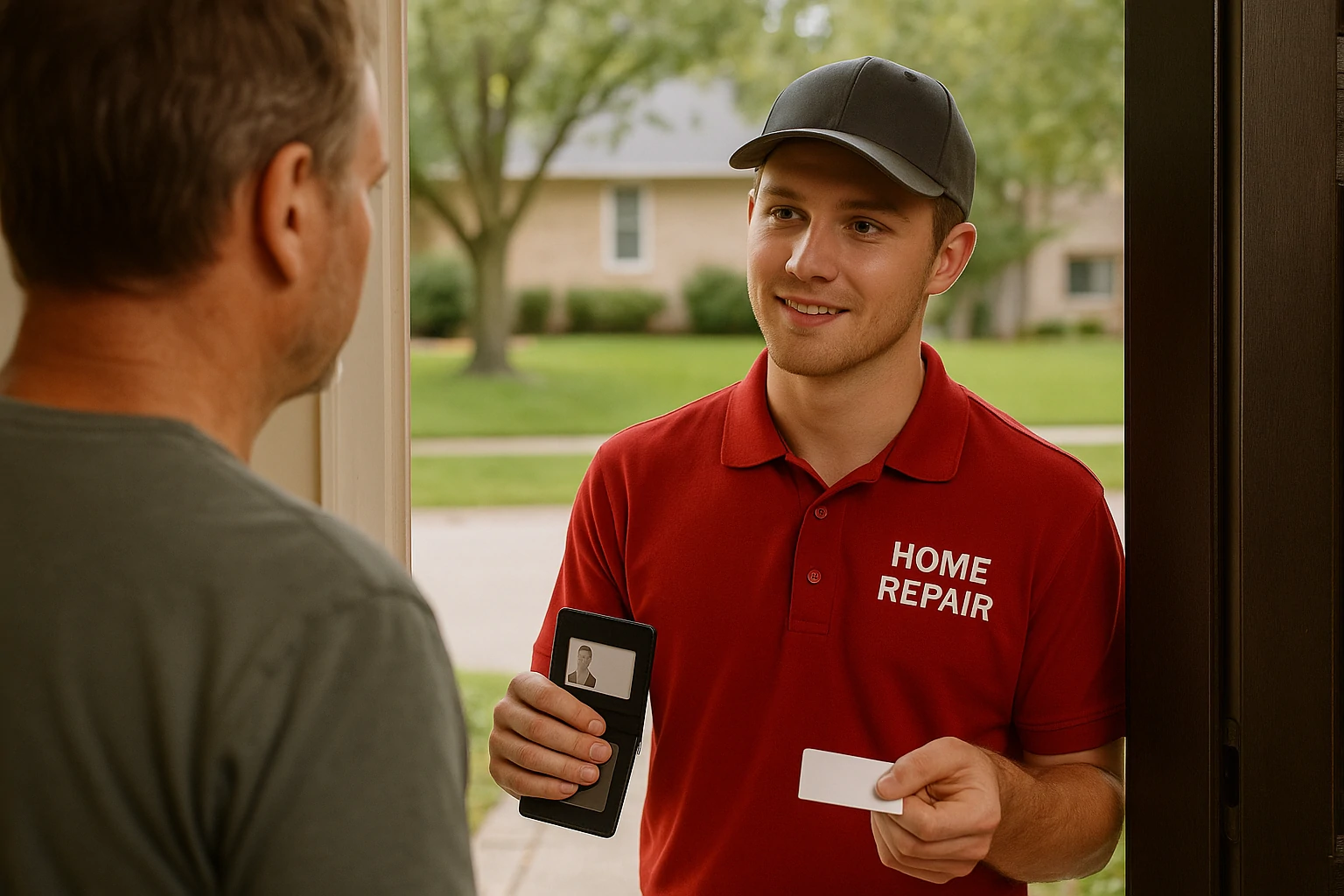 Man at home entrance inspecting repairman's ID and business card