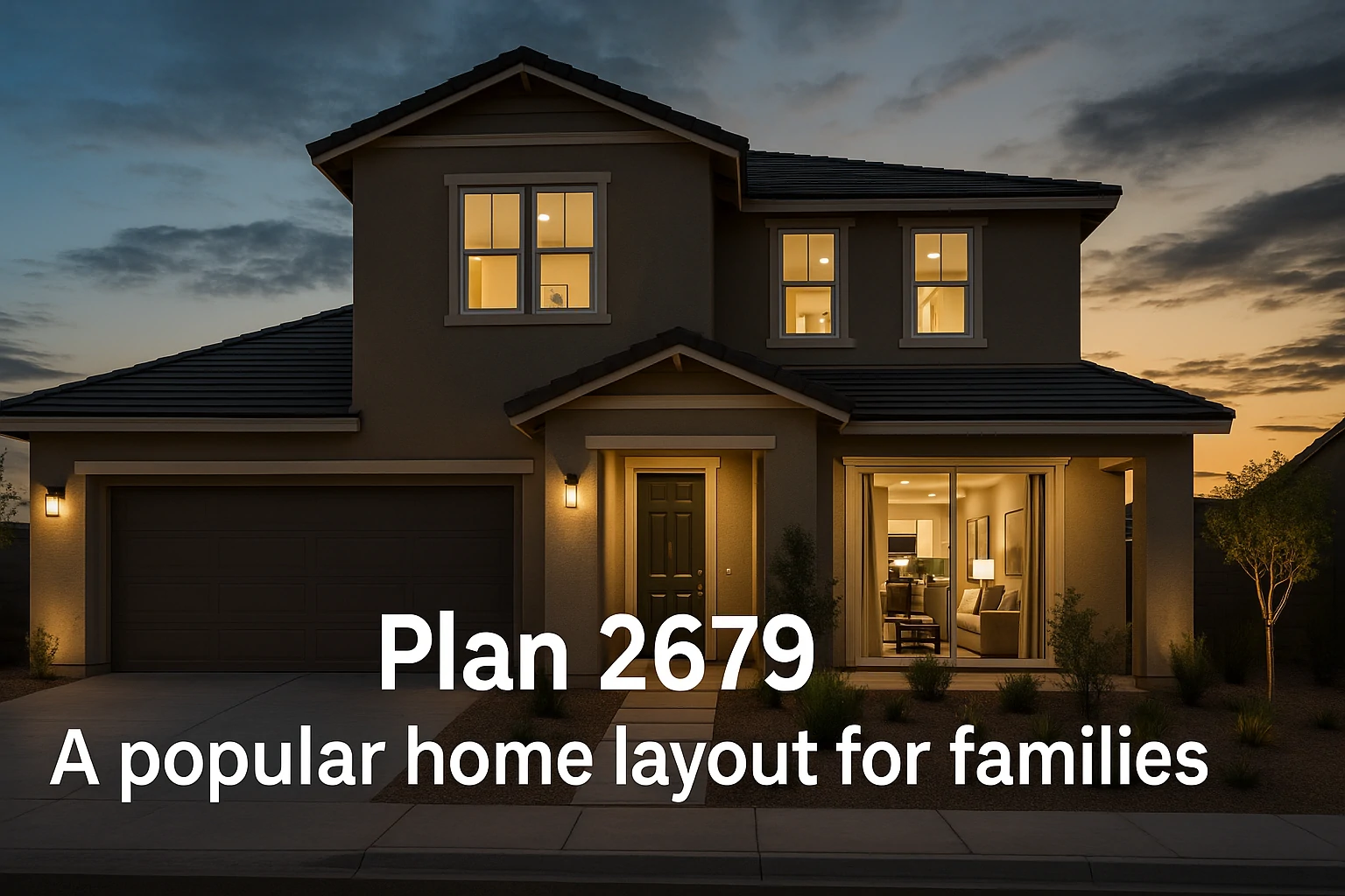 Modern two-story KB Home Plan 2679 with warm lighting at sunset.