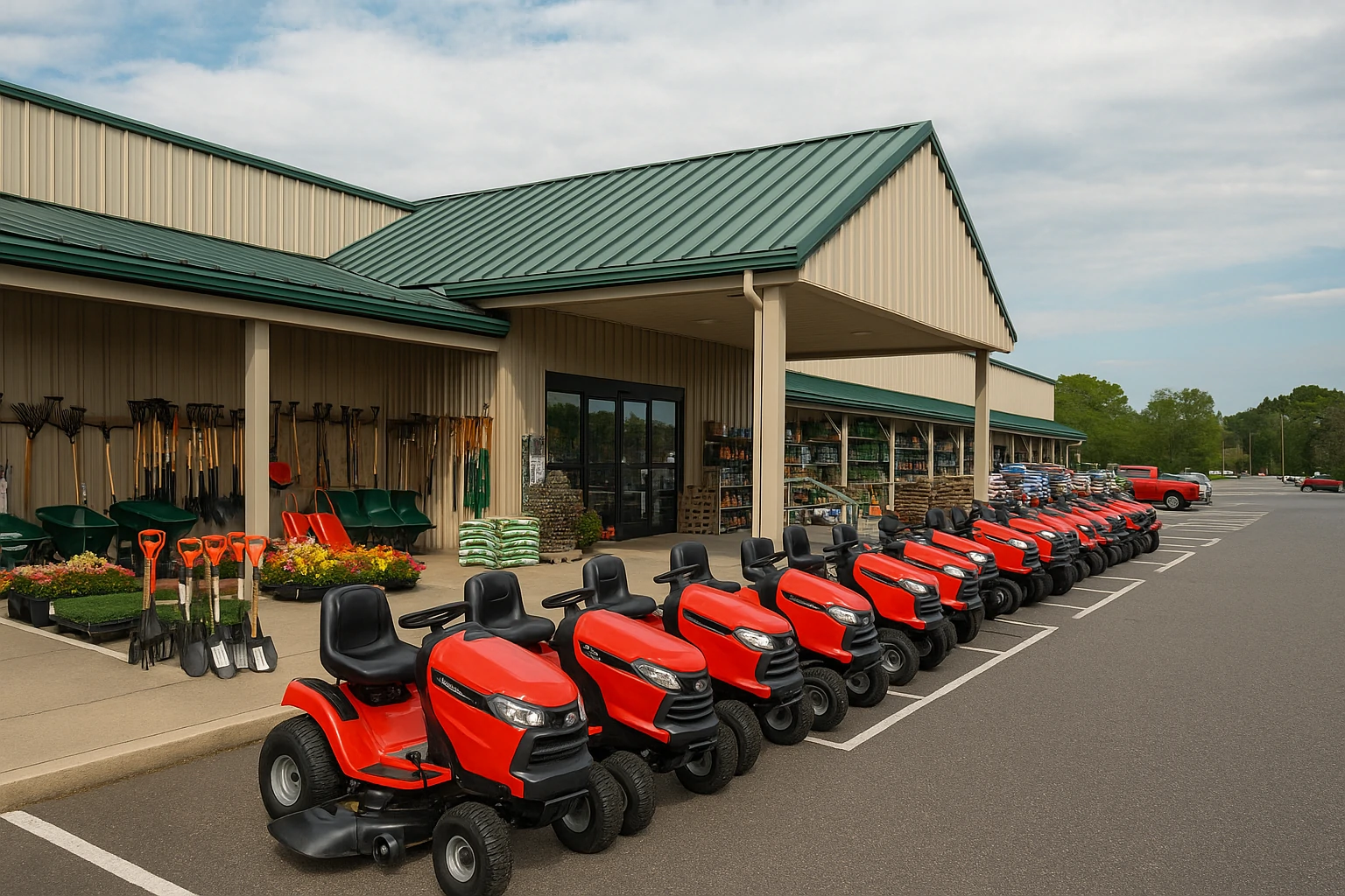 Rows of red riding mowers, shovels, and garden tools lined up outside Hickory Home & Garden Center with wide ramps and clean parking.