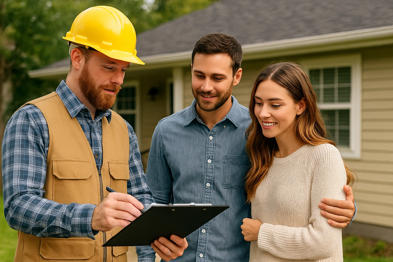 Contractor meeting homeowners outside a Placerville home, reviewing project plans on a clipboard