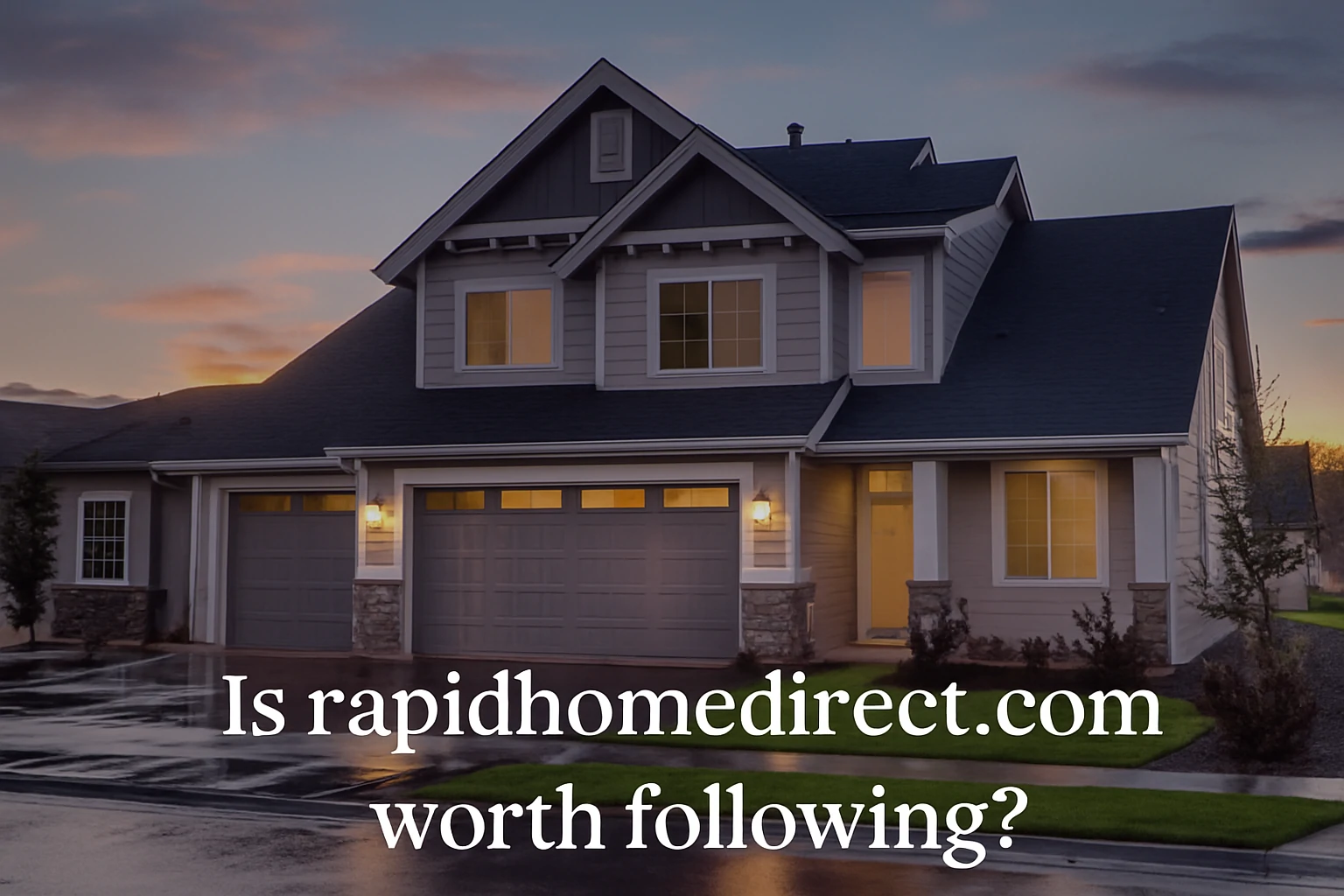 Modern two-story home exterior at sunset with warm lights and stylish siding, showcasing curb appeal.