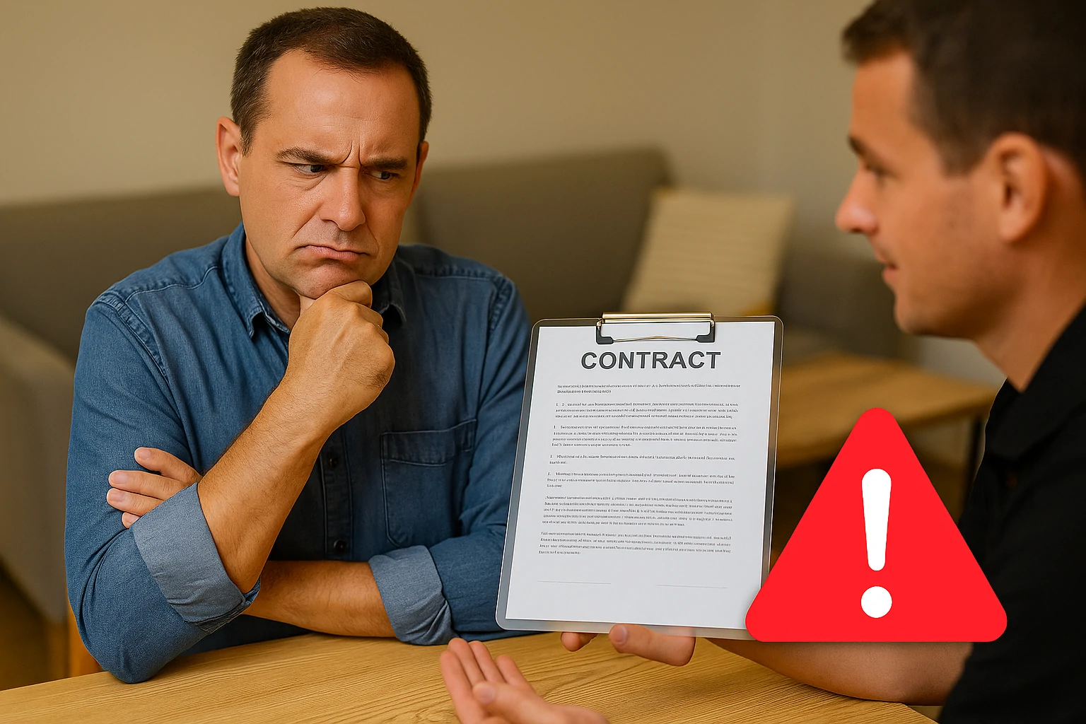 Man looks concerned at a contract shown by a salesman, highlighting red flags in home service deals.