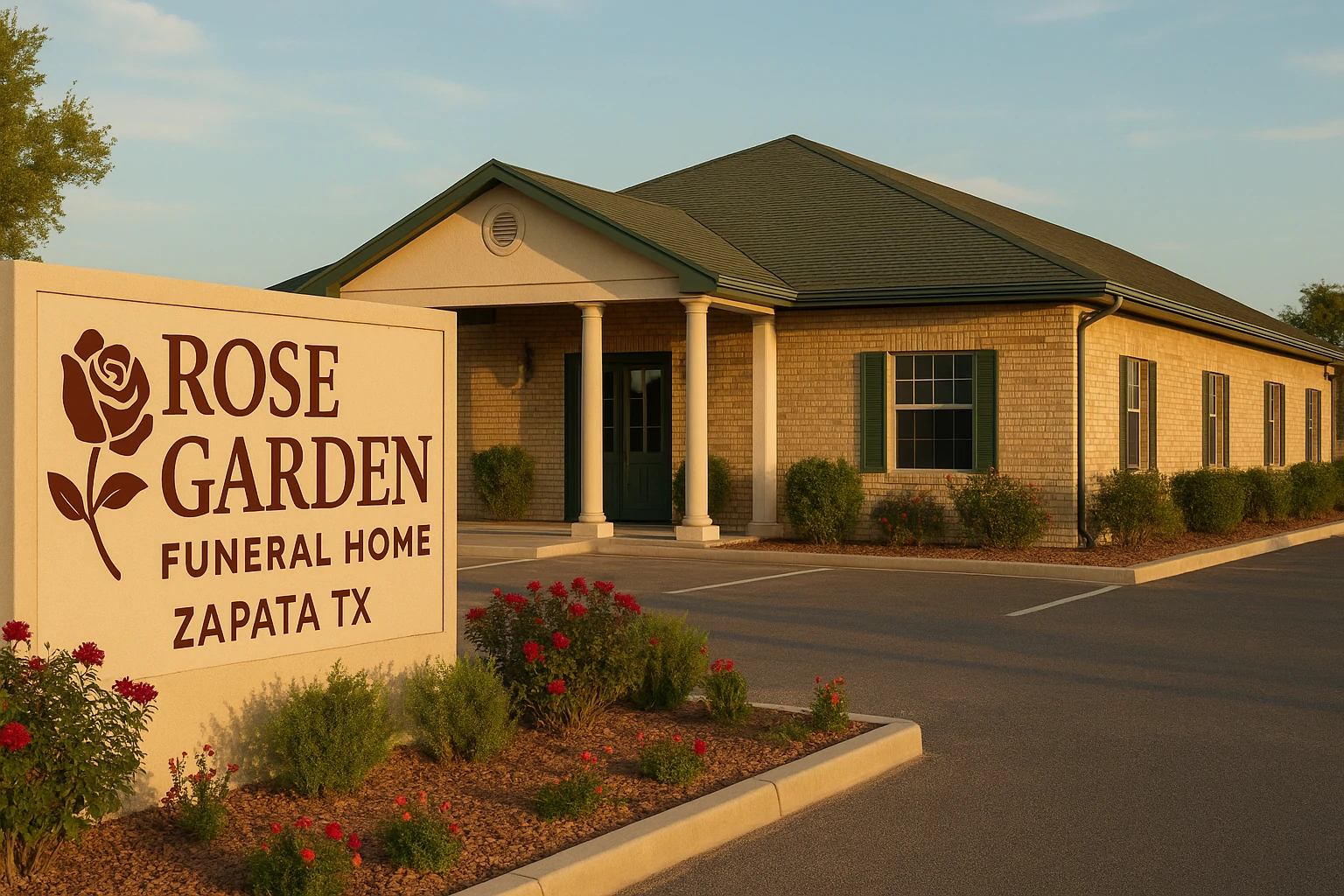 Exterior of Rose Garden Funeral Home Zapata TX with peaceful landscaping and modern design