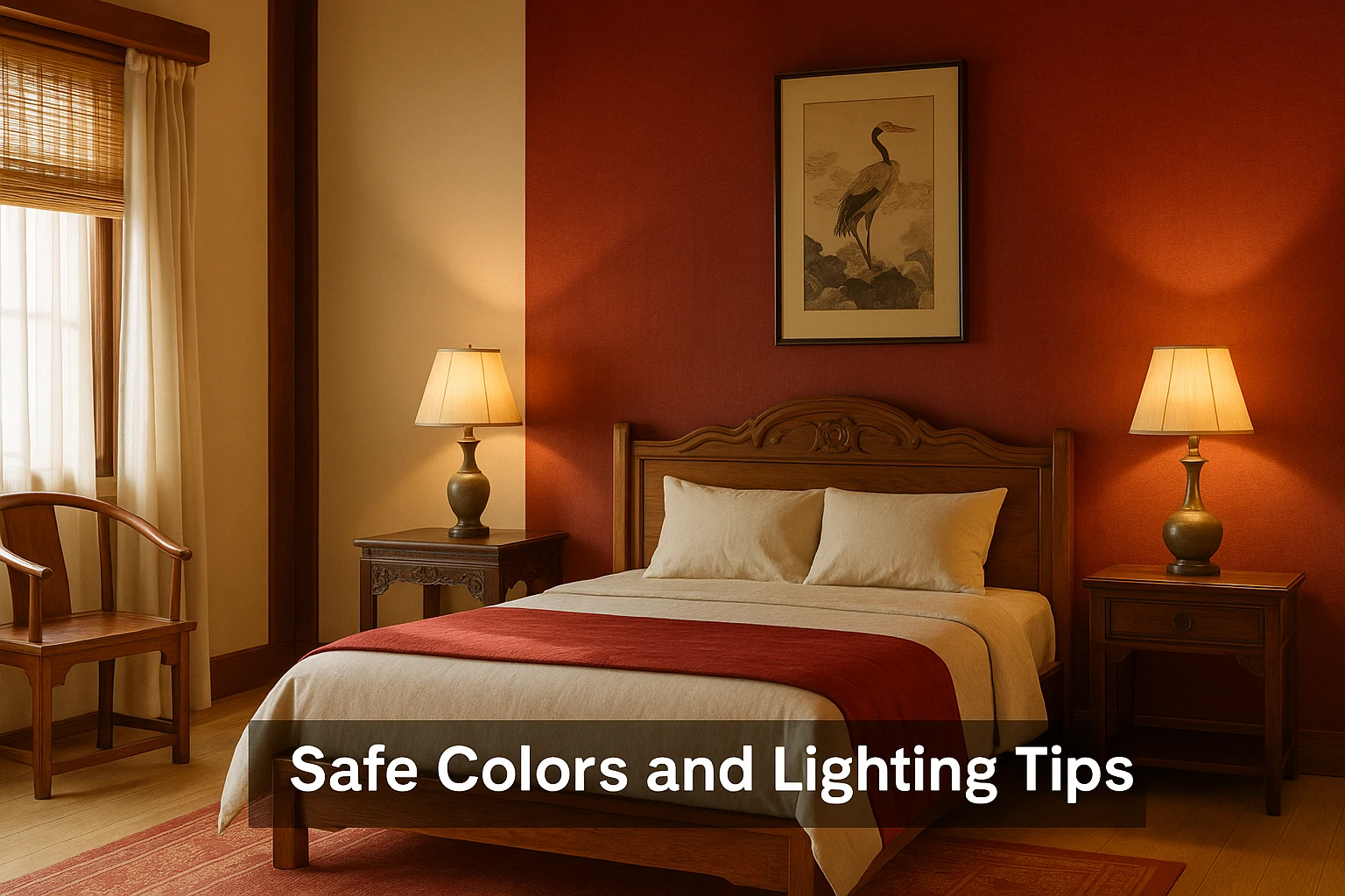 Tang-style bedroom with soft beige walls, red accents, and warm low lighting.