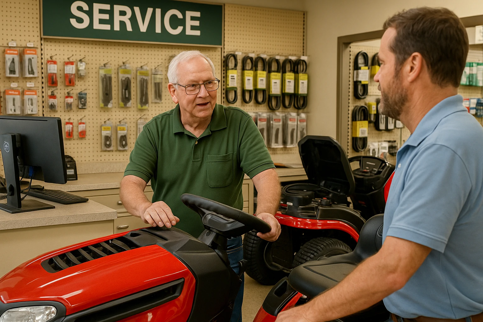 Friendly store employee helps a customer with a red riding lawn mower inside the service area of a garden center, surrounded by tools and mower parts