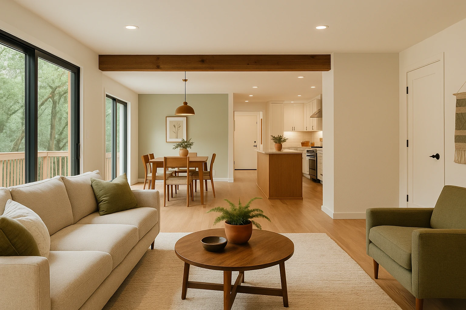 Open-concept Placerville home interior with warm natural lighting and earth-tone colors