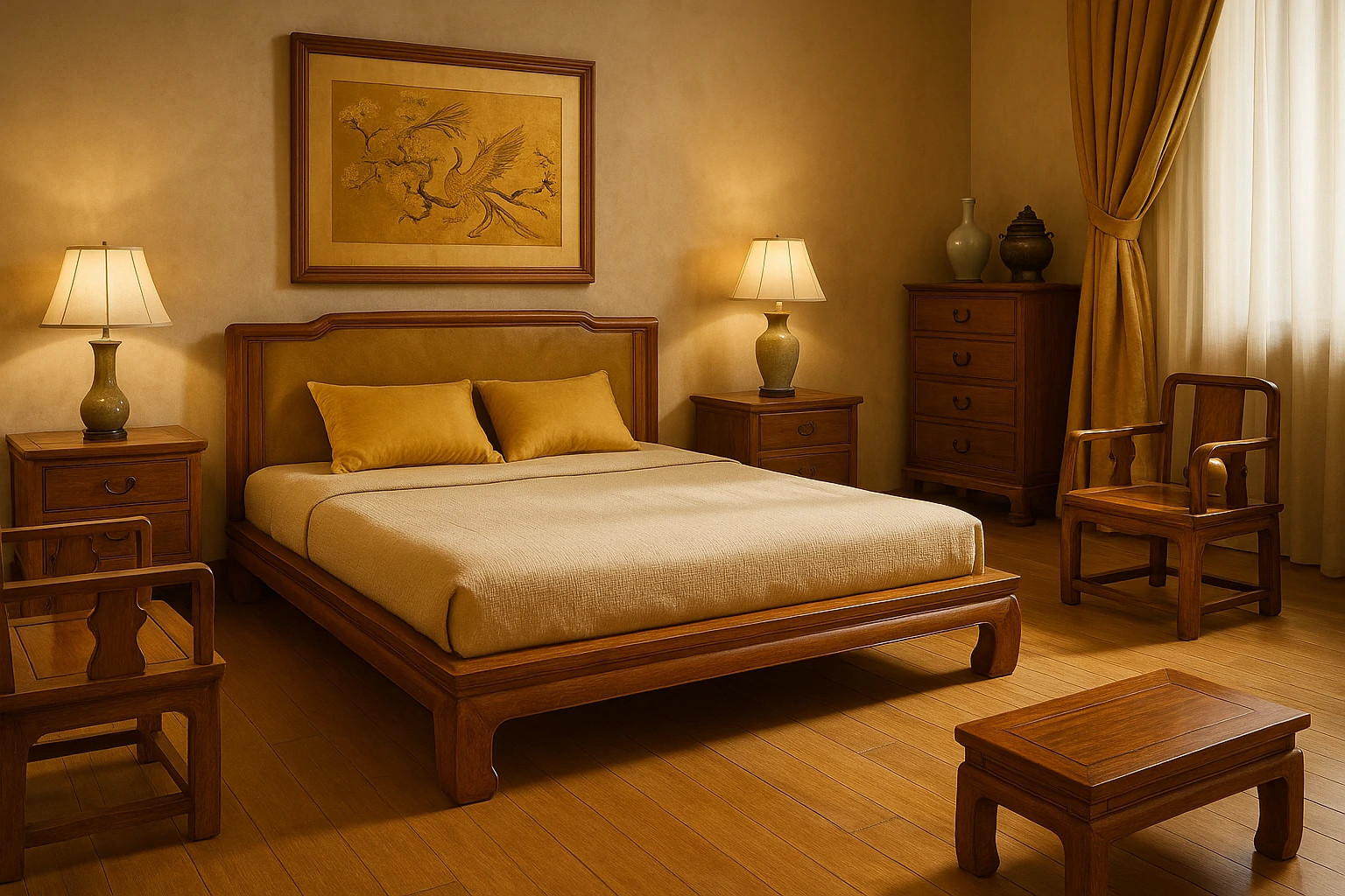 Low platform bed with smooth wood frame, matching carved chairs, and Tang-style side tables set in a soft, warmly lit bedroom.