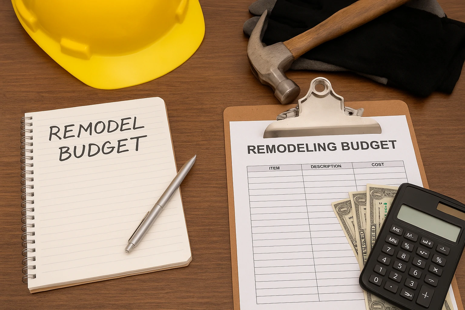 Hd image of a home remodel planning scene showing budget papers, calculator, blueprints, and coffee mug on a rustic wood table.