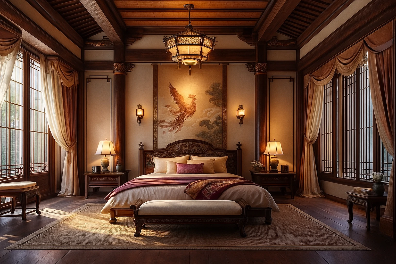 A Tang Dynasty-inspired bedroom featuring a carved wooden bed, golden drapes, soft lighting, and a large phoenix mural above the headboard.