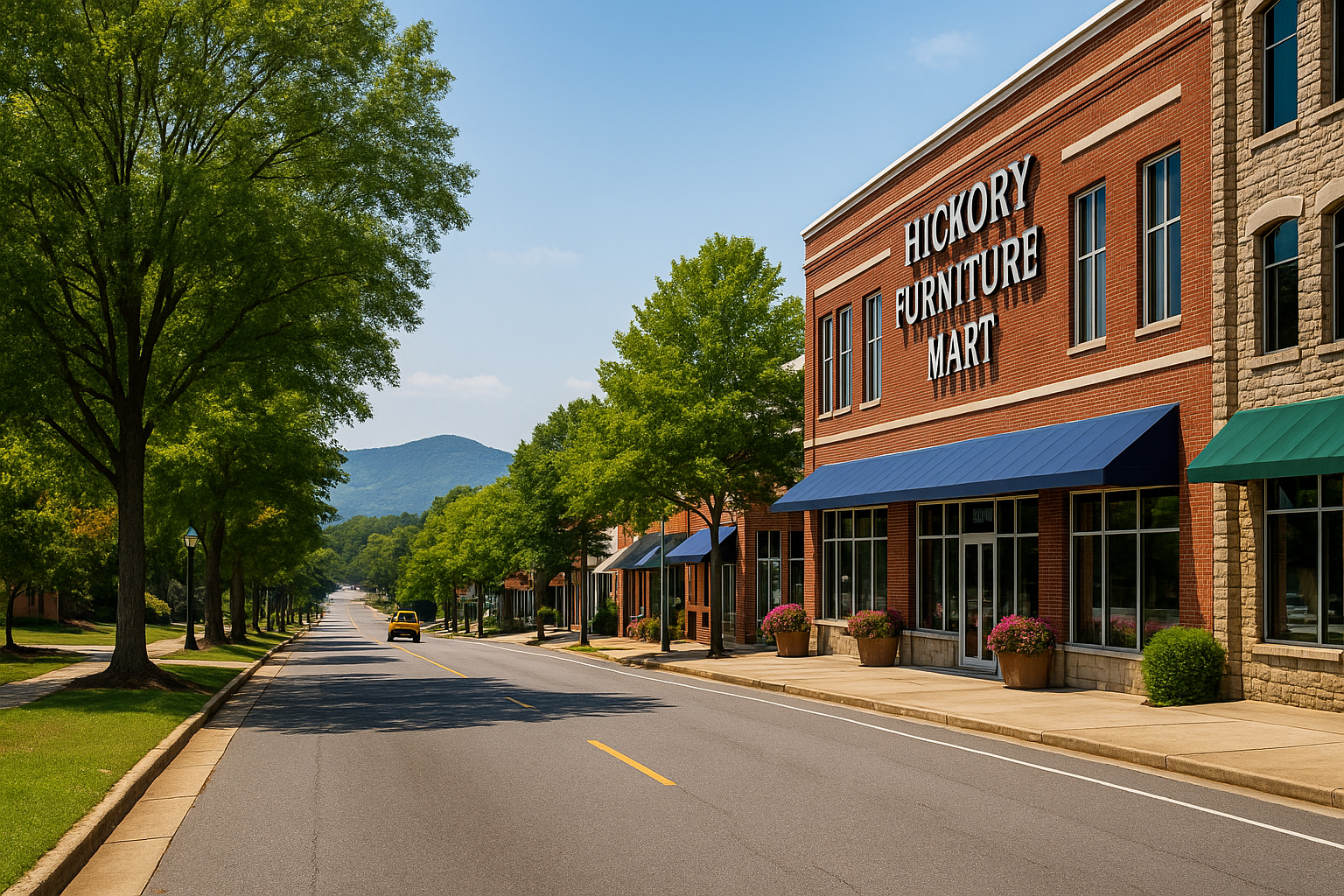 A scenic street in Hickory, NC with trees, shops, and mountains in the distance.