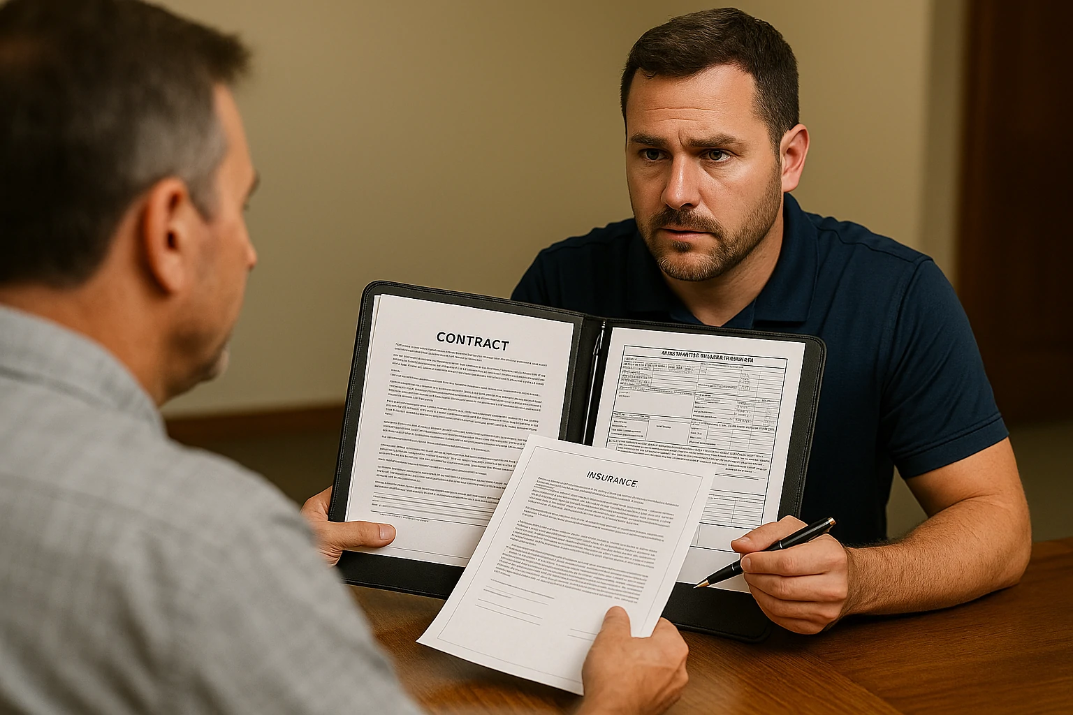 Two men seated at a table discussing a home renovation contract with documents in front.