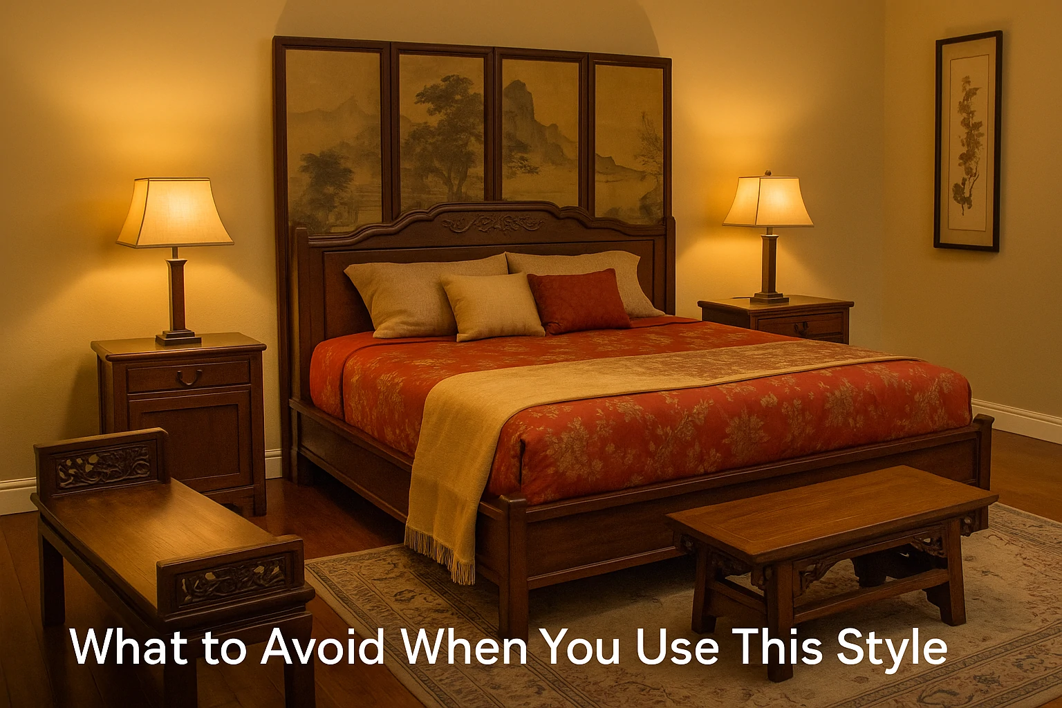 Tang Dynasty bedroom styled with soft materials, no flashy gold or glass.