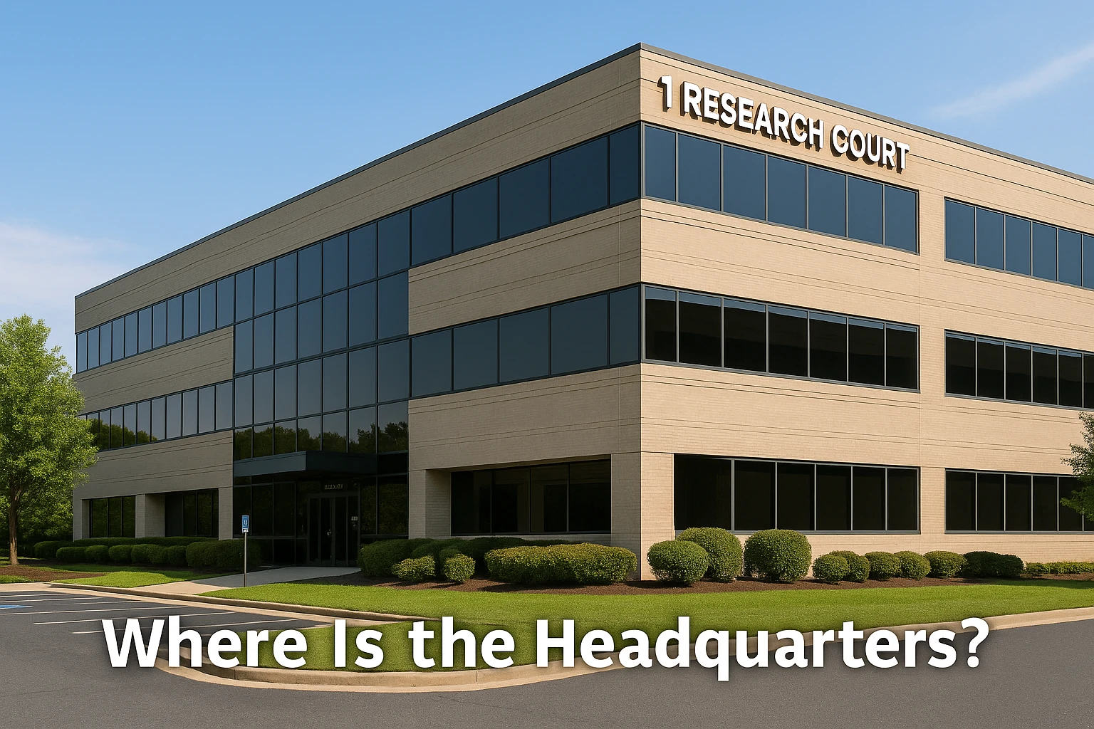 Modern office building labeled 1 Research Court in Rockville, Maryland