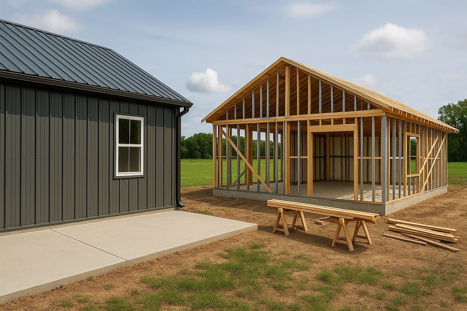 Side-by-side view of a completed metal barndominium and a wood-framed one under construction in a rural setting.