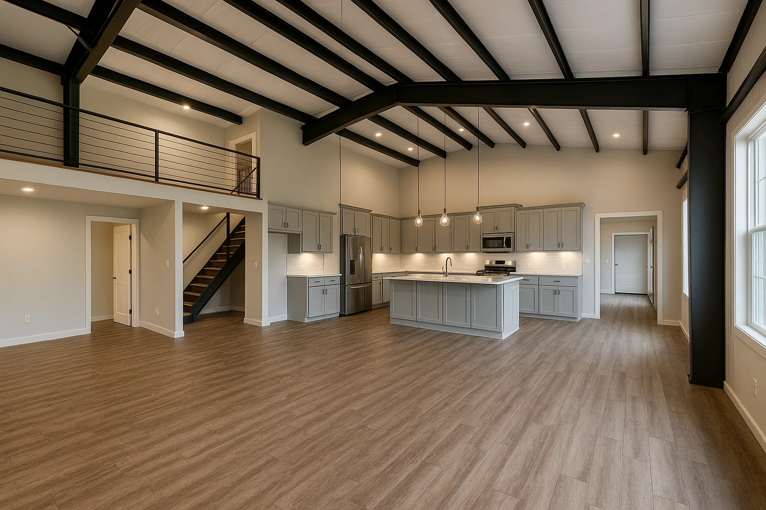 Modern open-layout barndominium interior with steel beams, loft, and kitchen island under pendant lighting.