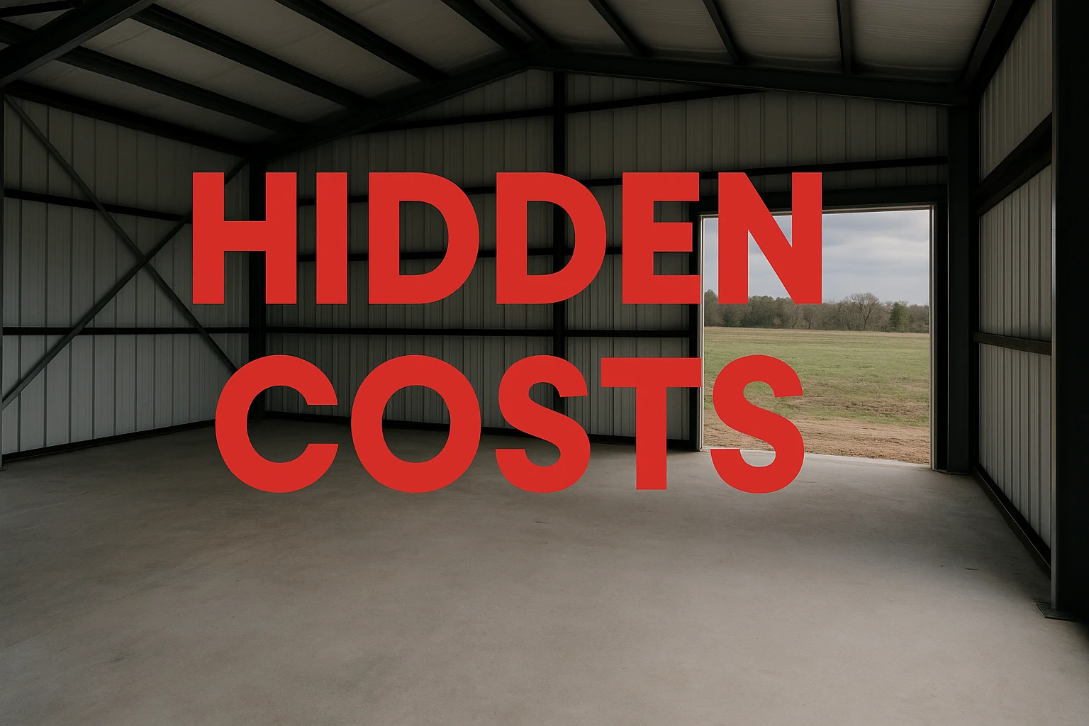 Empty steel-frame barndominium interior with bold red Urdu text warning about hidden costs