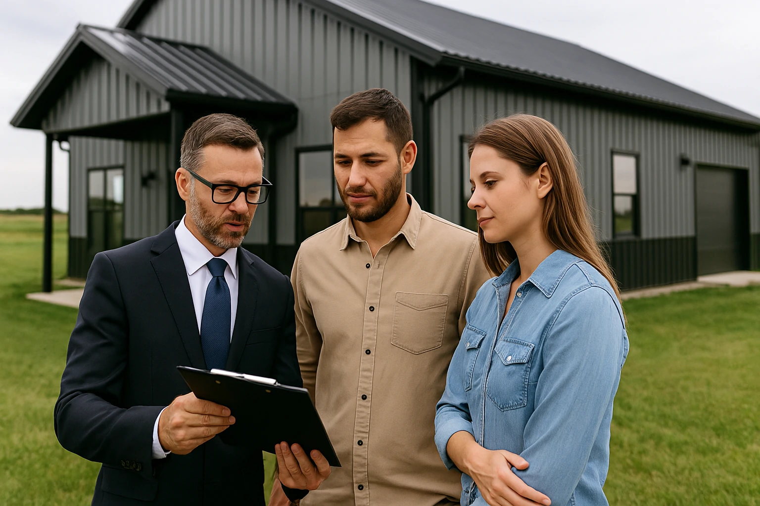 Agent showing a contract to two home buyers in front of a barndominium, emphasizing safe negotiation steps.