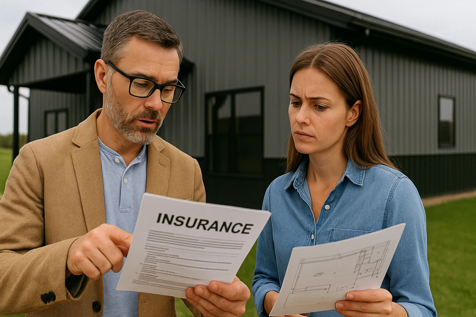 Man and woman reviewing insurance and building documents in front of a modern steel-frame barndominium.
