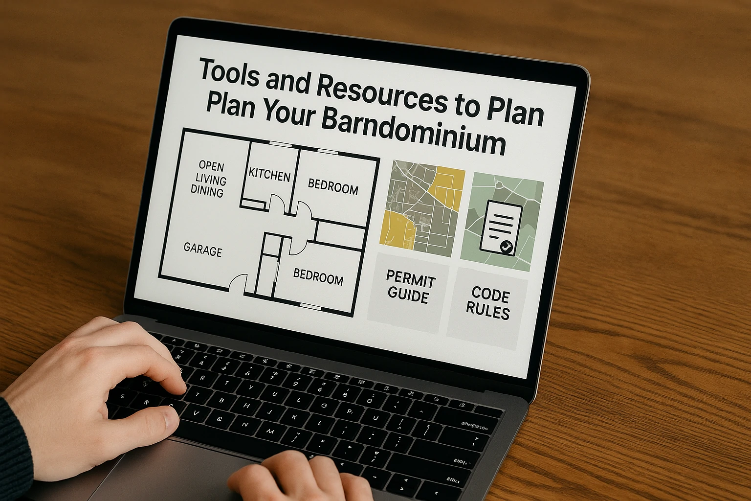 Person working on a laptop showing a barndominium floor plan, zoning map, permit guide, and code rules on screen.