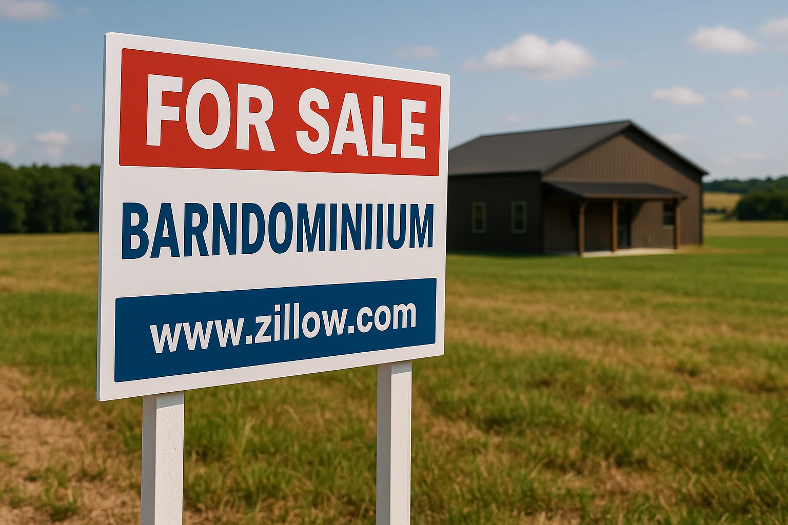 Real estate sign showing “For Sale – Barndominium” with a metal home in the background on open rural land.